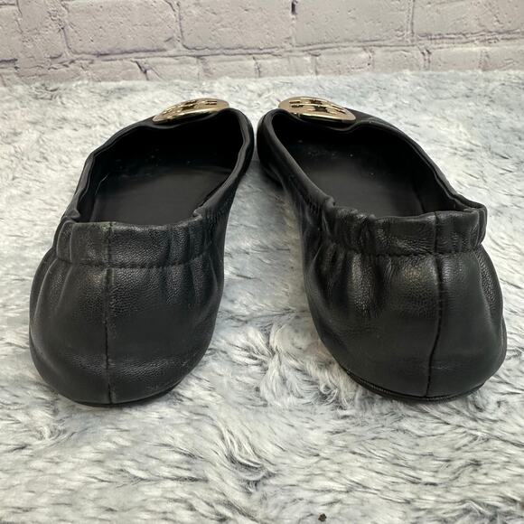 Tory Burch Minnie Ballet Flats Black Leather Gold Circle Logo Size 7M Loafers - Picture 9 of 13